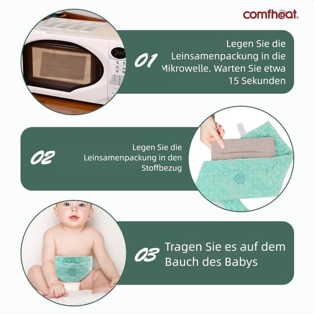 Detalle de comfheat Koliken- & Gas-Relief Bauchwickel mit Leinsamen – beheizbares Tummy Wrap für Neugeborene & Kleinkinder (0–3 Jahre, Grün)