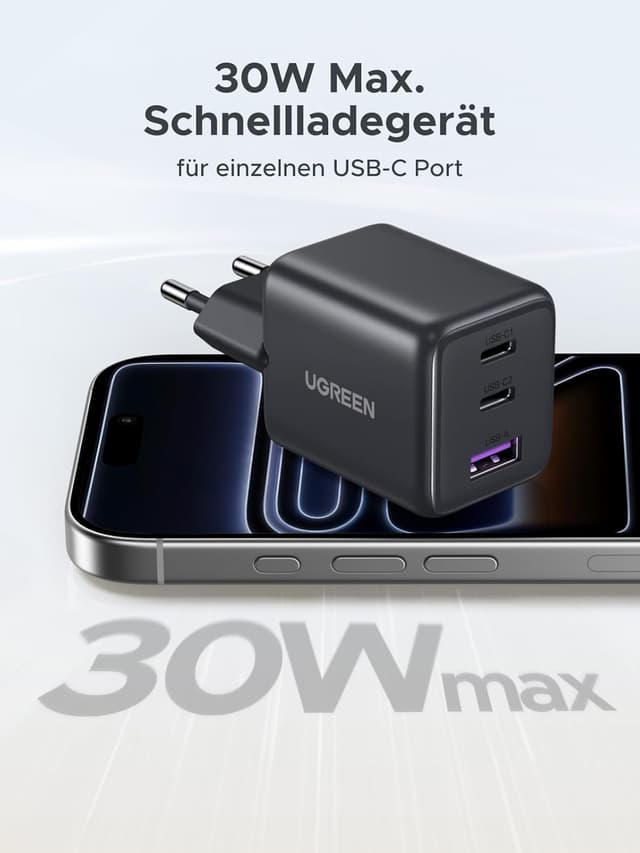 Detalle 2 de UGREEN USB C Ladegerät 30W 3‑Port GaN II Schnellladegerät