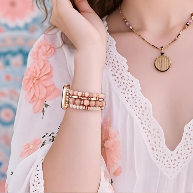 Detalle 2 de V.R.HOPE Perlen Boho Armband für Apple Watch (40/41/42/38 mm) – elastisch mit Kristallbeads, Rosa Zebra