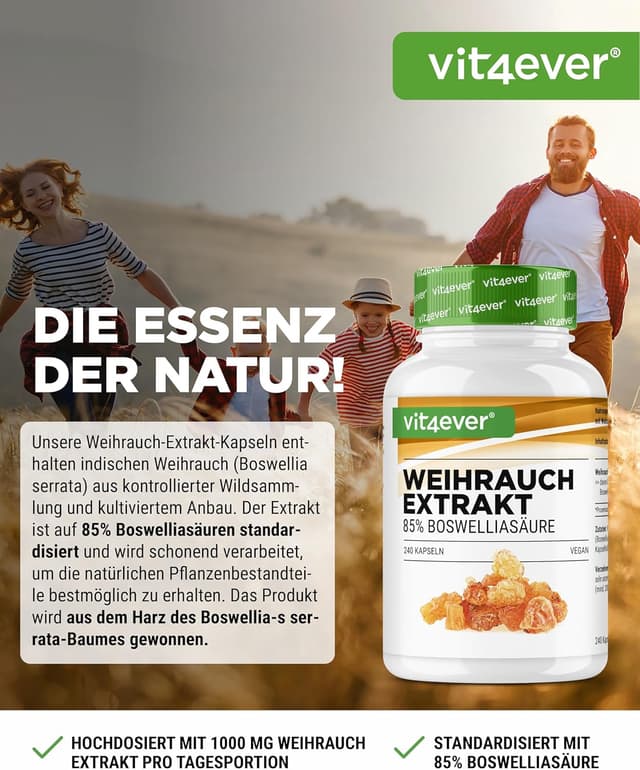 Detalle de vit4ever Weihrauch Extrakt – 240 vegane Kapseln mit 85% Boswelliasäuren