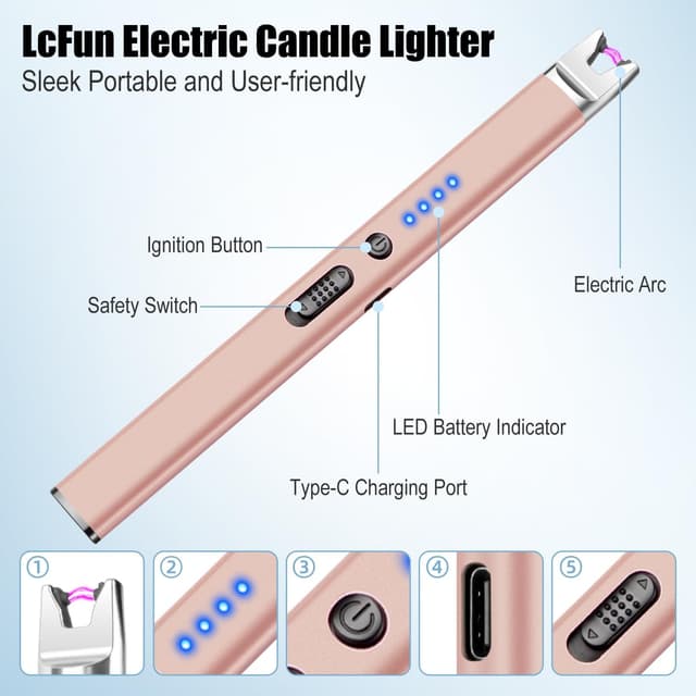 Detalle 2 de Electric Candle Lighter Long Reach USB Rechargeable BBQ Lighter (Champagne Gold) – flameless plasma arc ignition