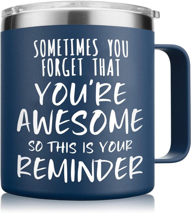 Detalle de NOWWISH Insulated Stainless Steel Coffee Mug (14oz) in Navy Blue — Inspirational Message for Men