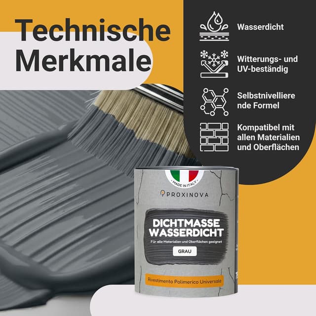 Detalle 2 de PROXINOVA Flüssigkunststoff-Abdichtung in Grau (750 ml) für Dach, Fenster & Wände