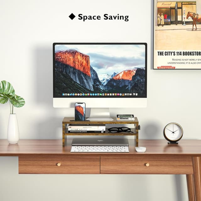 Thumbnail 6 de BONTEC Wood Monitor Stand Riser with Smartphone Holder (2 tiers) – Rustic Brown