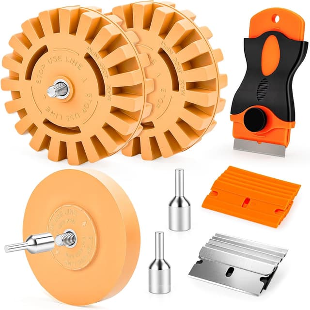 Detalle de OrbitShell Eraser Wheel Decal Remover Tool Kit with Rubber Wheels, Razor Scrapers & Drill Adapters
