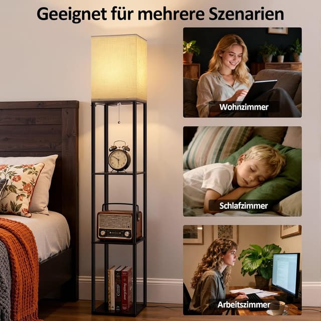 Detalle de Stehlampe mit Regal und 3 Farbtemperaturen (3000K/4500K/6000K) für Wohnzimmer, Schlafzimmer & Büro in Schwarz