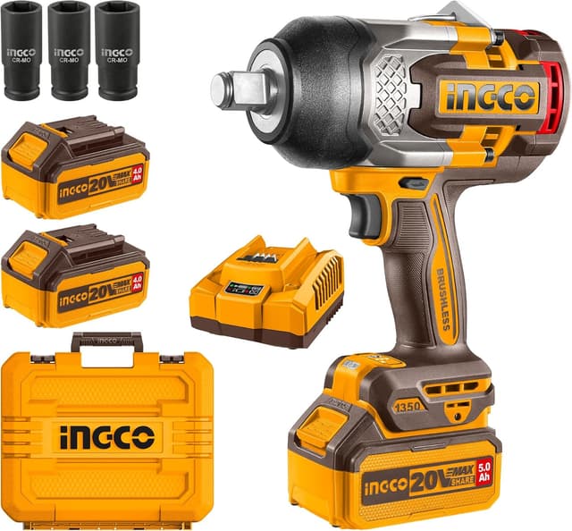 Detalle de INGCO CIWLI20135 3/4 Inch High Torque Impact Wrench 1350NM (20V Brushless) with 2x 5.0Ah Batteries & Charger