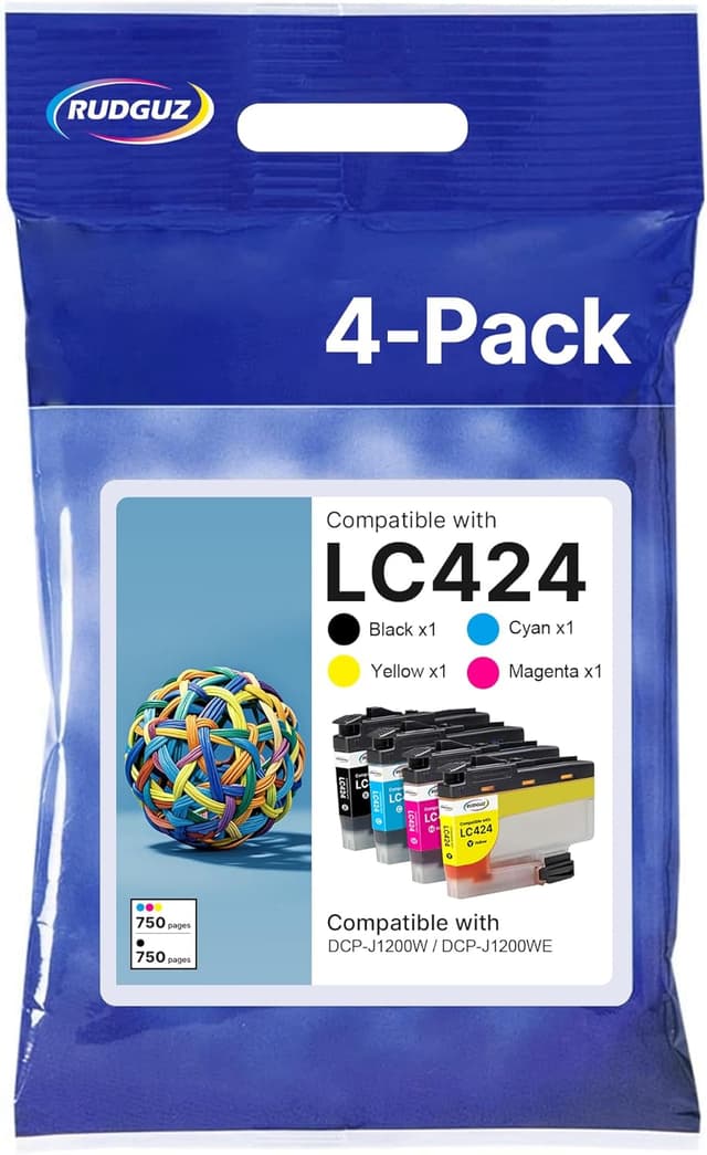 Detalle de RUDGUZ LC424 Patronen (4er-Set) für Brother LC-424 / DCP-J1200W & DCP-J1200WE – Schwarz, Cyan, Magenta, Gelb