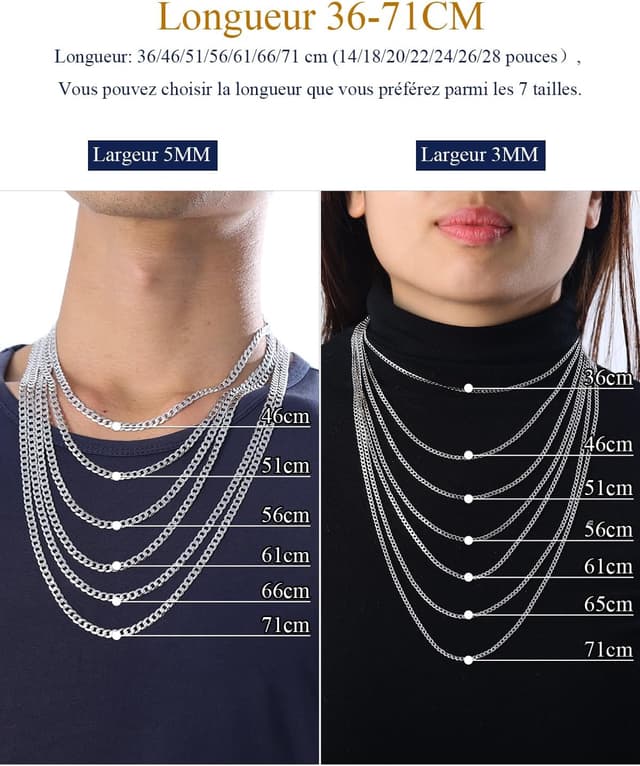 Detalle 2 de Suplight chaîne en argent 925 maille cubaine pour homme, 3 mm/5 mm (tailles 36 à 71 cm)