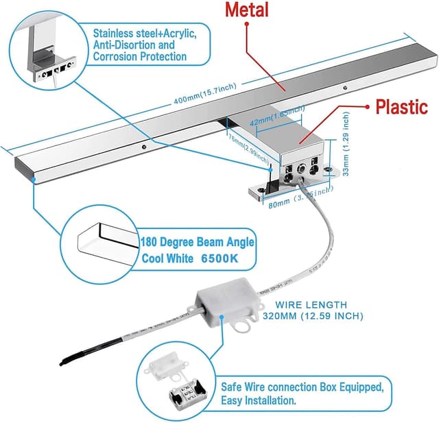 Detalle 2 de Azhien LED-Spiegelleuchte fürs Badezimmer 10 W, 820 lm, 40 cm, Kaltweiß 6500 K, IP44 (3in1 Montage, 230 V)