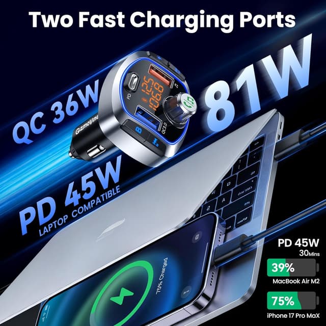 Detalle 2 de GizmoVine FM Transmitter for Car with 81W Fast Charge (PD 45W & QC3.0 36W) and Bluetooth 5.4