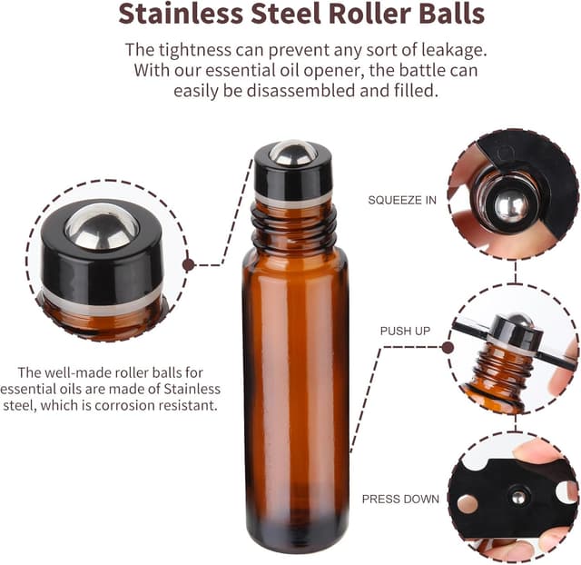 Detalle 2 de Hyber&Cara 10ml Glass Roll-On Bottles (12 pack) with Stainless Steel Roller Balls