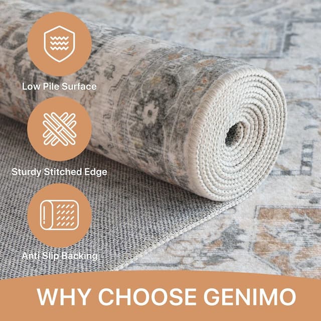 Detalle de GENIMO Large Washable Rugs (240x300cm) – Extra Large Low Pile Non-Shedding Area Rug, Vintage Boho/Oriental Design