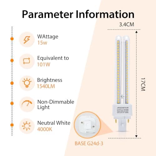 Detalle 2 de Aigostar Pack de 5 bombillas PLC 2U G24 de 15W (blanco neutro 4000K, 1540 lm) no regulables