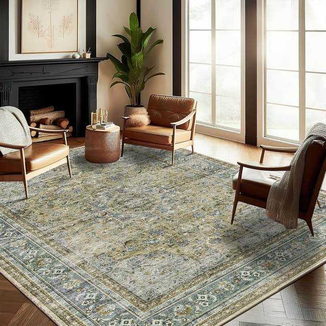 Detalle de CHAMPLANT Washable Area Rug 10' x 14' Boho Floral (Non-Shedding, Easy-Care)