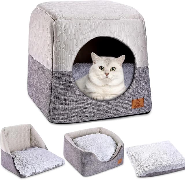 Detalle de Ownpets 3-in-1 Foldable Cat Cave Bed for Indoor Cats (Grey, 35 x 35 x 32cm)