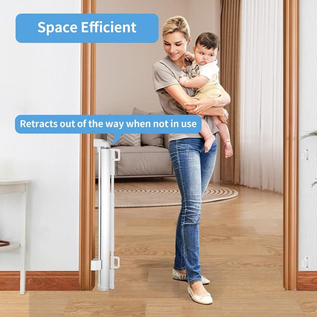 Detalle de Retractable Mesh Safety Baby or Dog Gate (86cm tall), expands to 140cm wide – White 2 pack