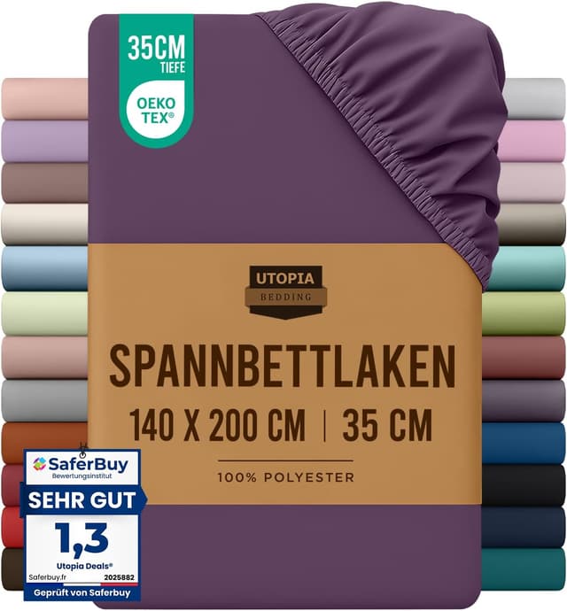 Detalle de Utopia Bedding Spannbettlaken 140x200 cm in Lila – Gebürstete Polyester-Mikrofaser mit 35 cm Taschen tiefe