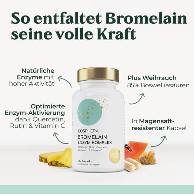 Detalle de COSPHERA® Bromelain hochdosiert 5000 FIP – 6-in-1 Ananas Enzym Komplex mit Papain, Quercetin, Weihrauch, Rutin & Vitamin C (120 magensaftresistente Kapseln)