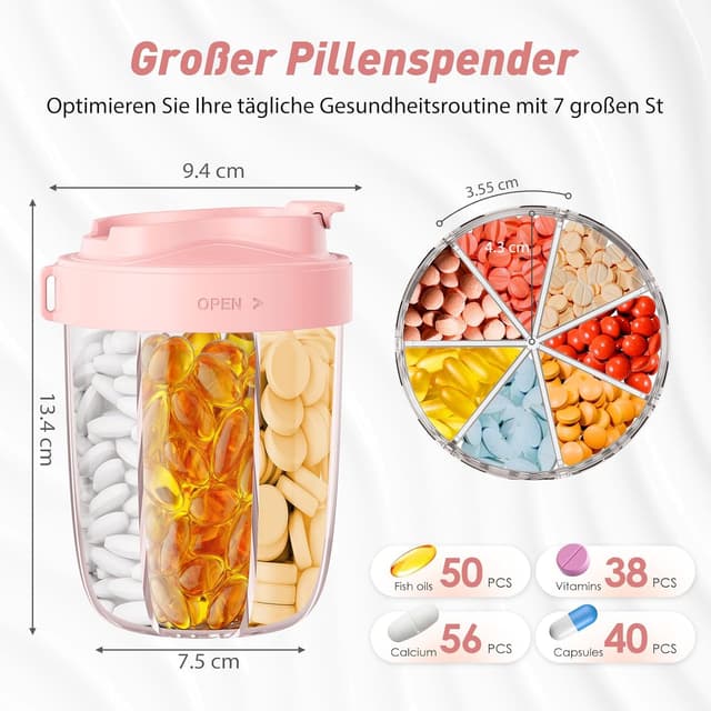 Detalle 2 de NAVIKIA Tablettenbox für 7 Tage (morgens/mittags/abends) – rund, 7 Fächer & Anti-Verwechslungs-Design in Rosa