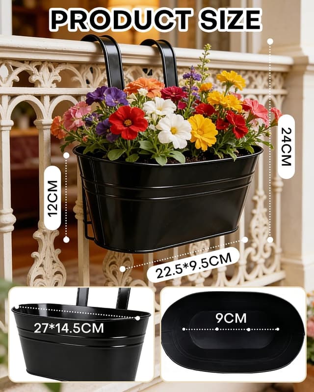 Detalle 2 de 4 Pack Black Galvanised Iron Hanging Flower Pots with Detachable Hooks (Large) – Balcony & Fence Planters