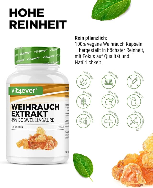 Detalle de vit4ever Weihrauch Extrakt – 240 vegane Kapseln mit 85% Boswelliasäuren