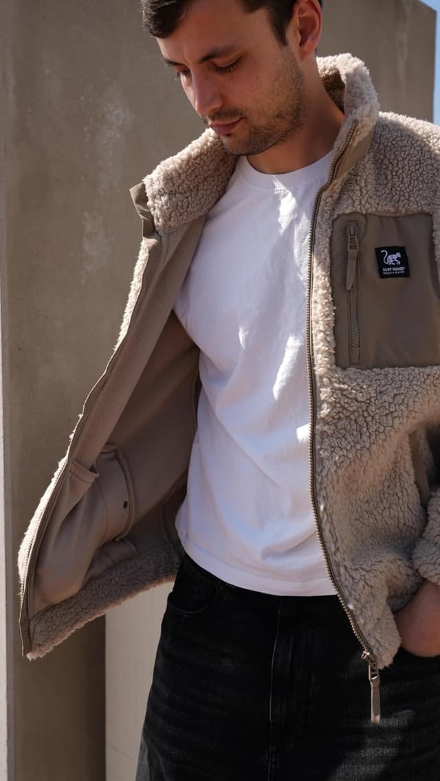 Detalle de Giacca sherpa Surf Monkey con zip e tasca sul petto, riciclata, vestibilità classica