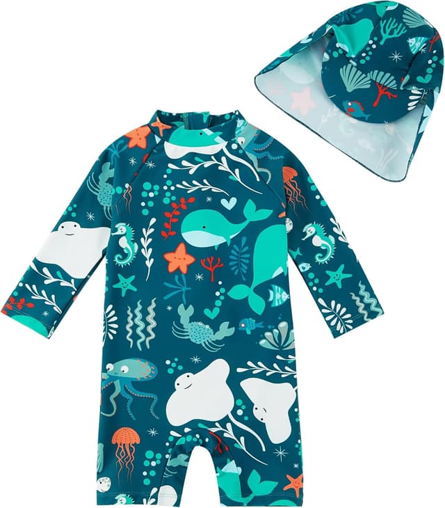Detalle de upandfast Baby Jungen Badeanzug mit Sonnenhut UPF 50+ (langarm) und Reißverschluss