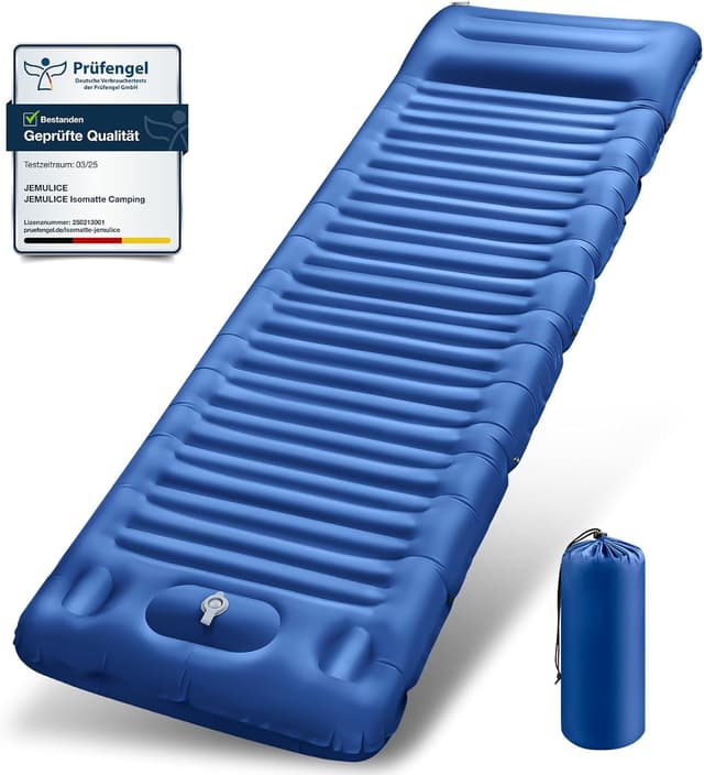 Detalle de JEMULICE Isomatte Camping mit 12 cm Komforthöhe und Fußpumpe – ultraleichtes Packmaß für Zelt & Wandern