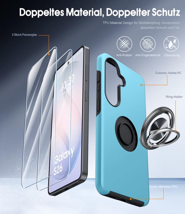 Detalle de AOUIA Schutzhülle für Samsung Galaxy S26 (6,3 Zoll) mit 2x Panzerglas – 3-in-1 Set inkl. 360° Ring-Kickstand