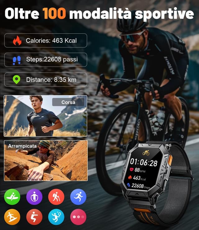 Detalle de Smartwatch Uomo Militare TX1 grigio con batteria da 1000mAh, bussola/barometro e 10ATM