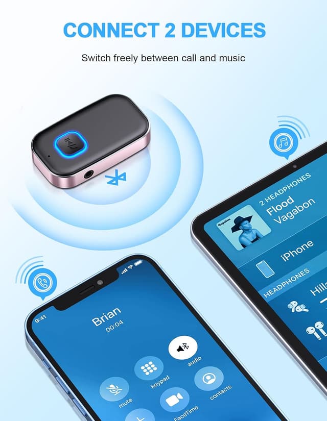 Thumbnail 6 de COMSOON Bluetooth AUX Adapter (3.5mm) with CVC8.0 Noise Reduction, 16H Battery Life, Dual Connection (Black+Pink)