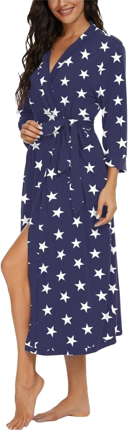 Detalle de PrinStory Damen-Bademantel mit 3/4-Ärmeln, V-Ausschnitt & Kimono-Schnitt – leichter Morgenmantel für Sauna, Bad und Alltag