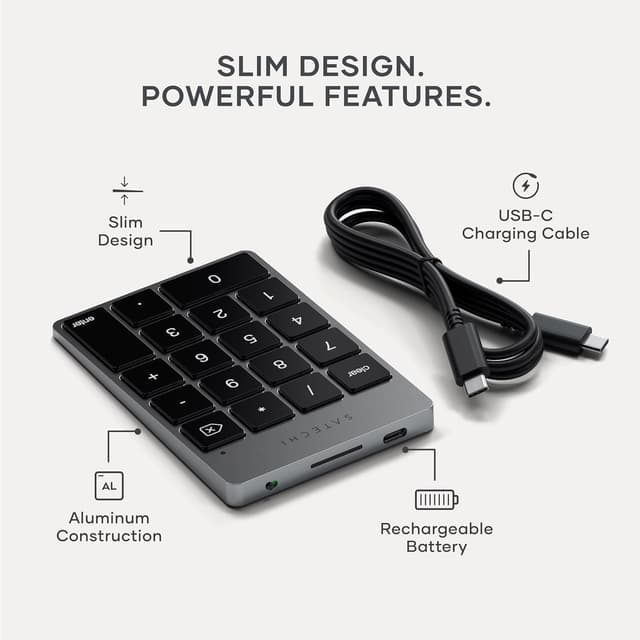 Detalle de Satechi Tastierino Numerico Wireless Slim in alluminio con 18 tasti, Bluetooth e ricarica USB-C (layout US) – grigio