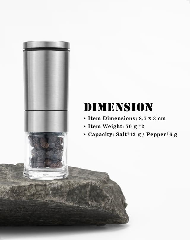 Detalle de Portable Small Salt and Pepper Grinder Set – Compact Ceramic Grinder Jars for Camping, Picnics & BBQ (no spice content)