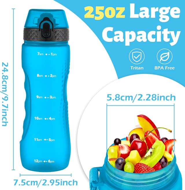 Detalle de OLDLEY 750ml / 25oz Straw Water Bottle (BPA-free Tritan) with Leakproof Lid, Time Markings & Carry Strap