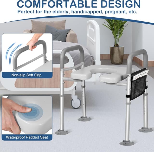 Detalle de LOLLIDO rehausseur de siège de toilette réglable à poignées, avec pochette de rangement (7 hauteurs)