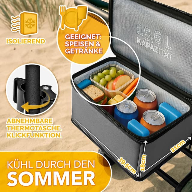 Detalle de TRESKO faltbarer Bollerwagen mit Dach, Kühlfach & Seitenrollos (bis 150 kg) – inkl. Vollgummireifen, Feststellbremsen & 3-Punkt-Gurt