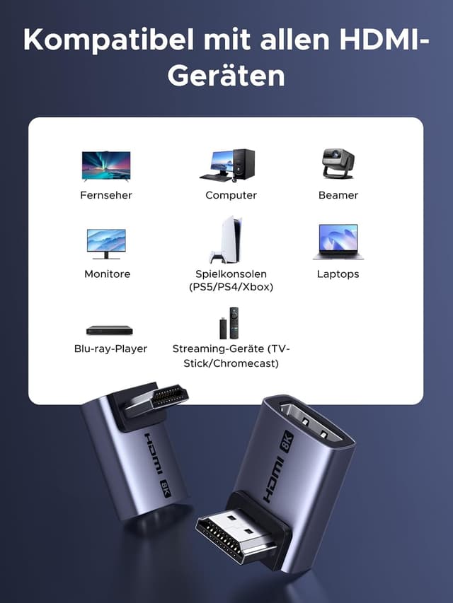 Detalle de UGREEN 8K HDMI Adapter (Winkelstecker 90°/270°, HDMI 2.1) für 8K@60Hz & 4K Gaming