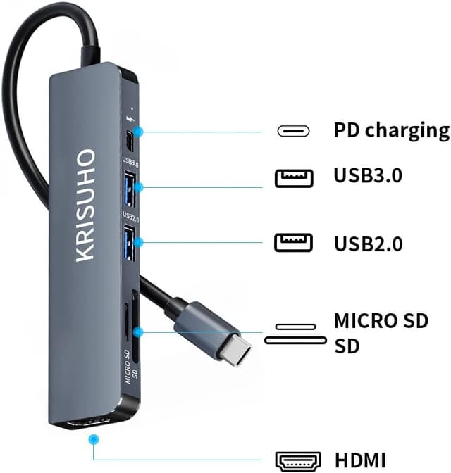 Detalle 2 de KRISUHO 6 in 1 USB C Hub with 60W PD