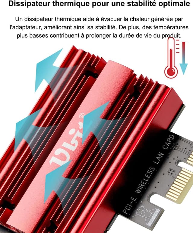 Detalle de Ubit Carte WiFi 7 6338 PCIe triple bande 6 GHz/5 GHz/2,4 GHz avec Bluetooth 5,4