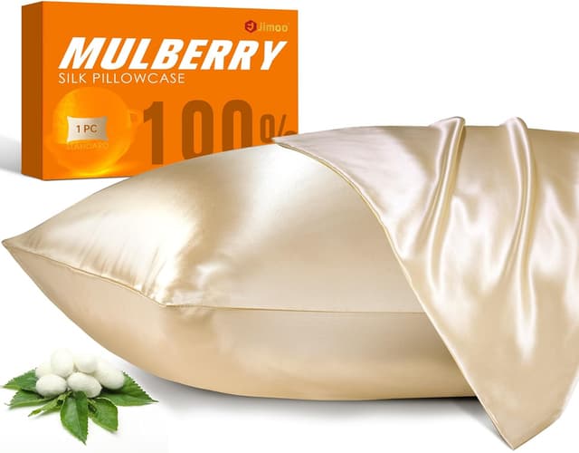 Detalle de J JIMOO 100% Mulberry Silk Pillowcase (Queen 20×30) — Beige, 2-Pack, Both-Sided with Zipper