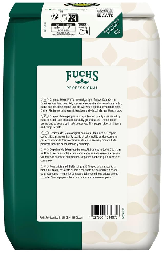 Detalle 2 de Fuchs Professional schwarzer Pfeffer gemahlen – schonend vermahlen, 1 kg im recycelbaren Beutel