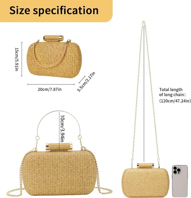 Detalle 2 de Cckuu Women’s Raffia Straw Clutch Bag – Hand-Woven Wicker Evening Purse for Weddings & Summer Holidays