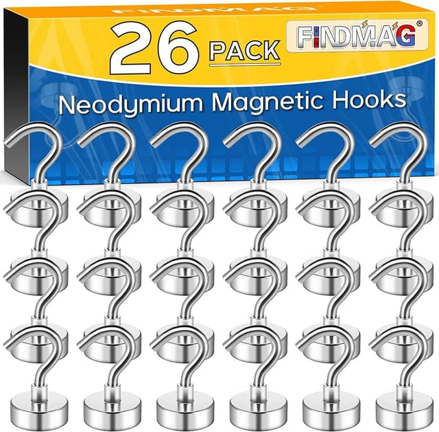 Detalle de FINDMAG Magnet Hooks (26 Pack) – 30 lb Neodymium Magnetic Hooks for Cruise, Locker & Storage Walls