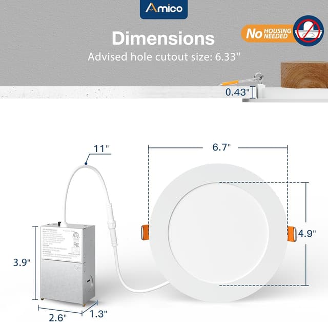 Detalle de Amico 48-Pack 6-Inch 5CCT Ultra-Thin LED Recessed Ceiling Lights (2700K–5000K) — Dimmable, ETL&FCC