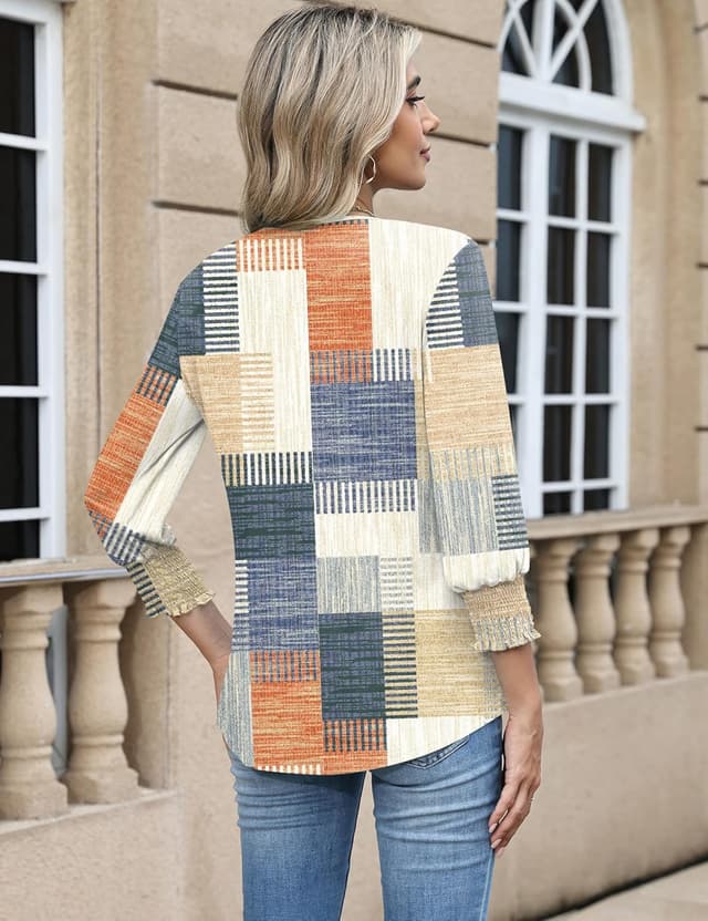 Detalle 2 de Rapbin Damen-Bluse mit 3/4-Arm, V-Ausschnitt & Knopfleiste – elegante Tunika für Sommer und Alltag