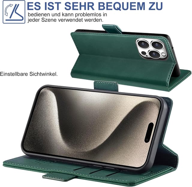 Detalle de Giyer Handyhülle für iPhone 15 Pro Max – Flip-Case mit Kartenfächern, Schutzfolie und Standfunktion (Grün)