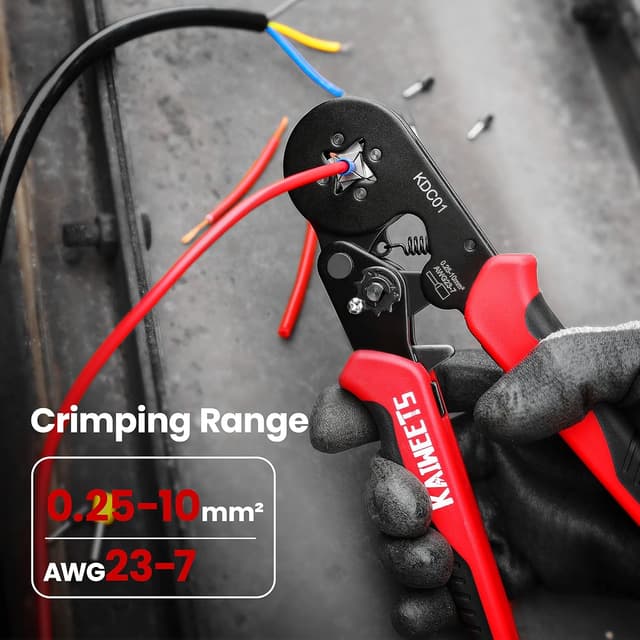 Detalle de KAIWEETS self-adjusting ratchet crimping tool set with 1200 ferrule terminals (0.25–10 mm² / AWG 23–7)