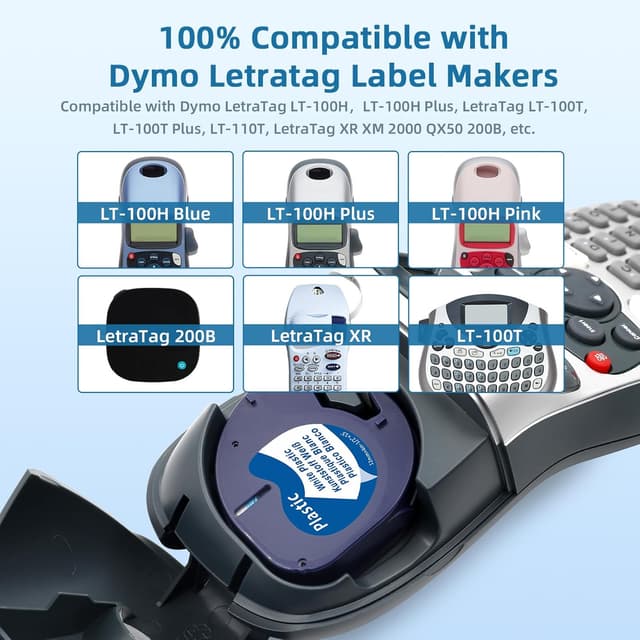 Detalle de A91221 White Plastic Etikettenband 12 mm x 4 m (kompatibel mit Dymo LetraTag & weiteren Geräten) – wasserfest & UV-beständig